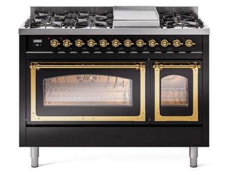 Ilve UN48FNMPBKG Ilve Un48Fnmpbkg Nostalgie Ii Noblesse 48  Dual Fuel Range (8 Sealed Burners + Griddle, Natural Gas, Triple Glass Door, Glossy Black, Brass) Sale