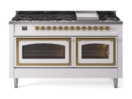 Ilve UN60FNMPWHGLP Ilve Un60Fnmpwhglp Nostalgie Ii Noblesse 60  Dual Fuel Range (9 Sealed Burners + Griddle, Liquid Propane, Triple Glass Door, White, Brass) Online