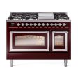 Ilve UN48FNMPBUCLP Ilve Un48Fnmpbuclp Nostalgie Ii Noblesse 48  Dual Fuel Range (8 Sealed Burners + Griddle, Liquid Propane, Triple Glass Door, Burgundy, Chrome) For Sale