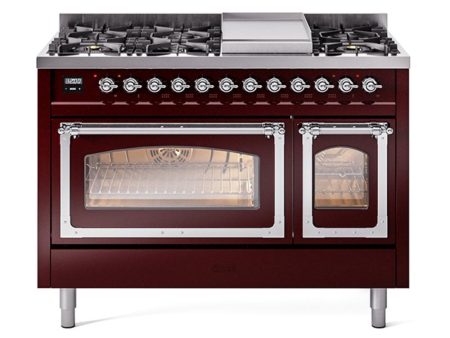 Ilve UN48FNMPBUCLP Ilve Un48Fnmpbuclp Nostalgie Ii Noblesse 48  Dual Fuel Range (8 Sealed Burners + Griddle, Liquid Propane, Triple Glass Door, Burgundy, Chrome) For Sale