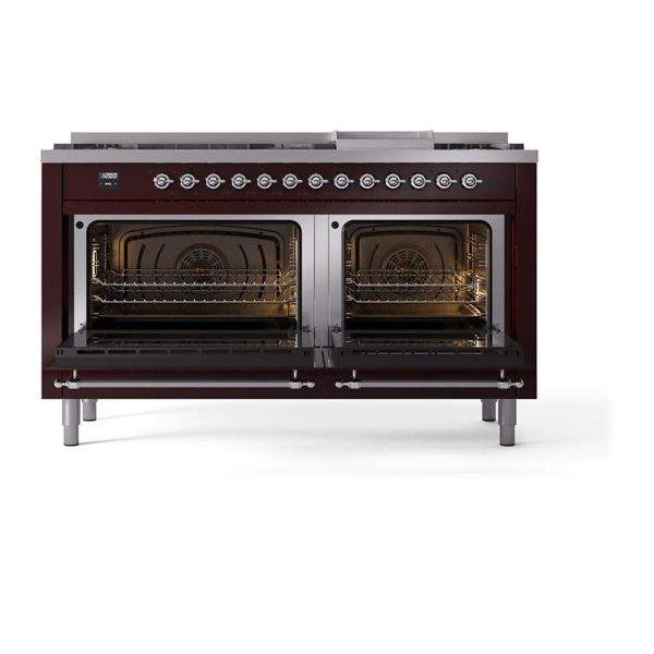 Ilve UN60FNMPBUCLP Ilve Un60Fnmpbuclp Nostalgie Ii Noblesse 60  Dual Fuel Range (9 Sealed Burners + Griddle, Liquid Propane, Triple Glass Door, Burgundy, Chrome) Online now