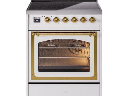 Ilve UNI304NMPWHG Ilve Uni304Nmpwhg Nostalgie Ii Noblesse 30  Induction Range (Triple Glass Door, White, Brass) on Sale