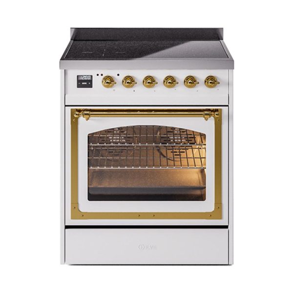 Ilve UNI304NMPWHG Ilve Uni304Nmpwhg Nostalgie Ii Noblesse 30  Induction Range (Triple Glass Door, White, Brass) on Sale