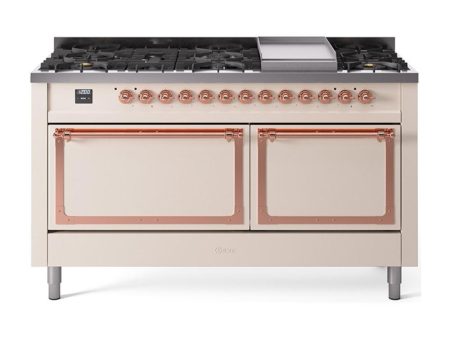 Ilve UN60FQNMPAWPLP Ilve Un60Fqnmpawplp Nostalgie Ii Noblesse 60  Dual Fuel Range (9 Sealed Burners + Griddle, Liquid Propane, Solid Door, Antique White, Copper) Online Hot Sale