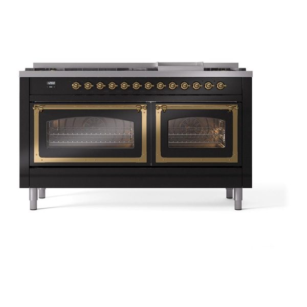 Ilve UN60FNMPBKG Ilve Un60Fnmpbkg Nostalgie Ii Noblesse 60  Dual Fuel Range (9 Sealed Burners + Griddle, Natural Gas, Triple Glass Door, Glossy Black, Brass) Fashion