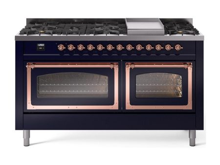 Ilve UN60FNMPMBP Ilve Un60Fnmpmbp Nostalgie Ii Noblesse 60  Dual Fuel Range (9 Sealed Burners + Griddle, Natural Gas, Triple Glass Door, Midnight Blue, Copper) Supply