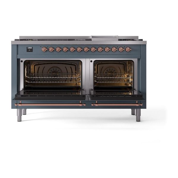 Ilve UN60FNMPBGPLP Ilve Un60Fnmpbgplp Nostalgie Ii Noblesse 60  Dual Fuel Range (9 Sealed Burners + Griddle, Liquid Propane, Triple Glass Door, Blue Grey, Copper) For Sale