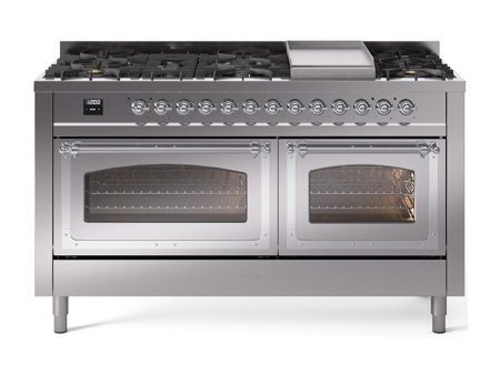 Ilve UN60FNMPSSCLP Ilve Un60Fnmpssclp Nostalgie Ii Noblesse 60  Dual Fuel Range (9 Sealed Burners + Griddle, Liquid Propane, Triple Glass Door, Stainless Steel, Chrome) Fashion