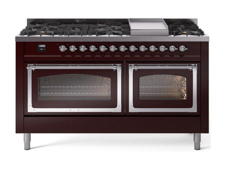 Ilve UN60FNMPBUCLP Ilve Un60Fnmpbuclp Nostalgie Ii Noblesse 60  Dual Fuel Range (9 Sealed Burners + Griddle, Liquid Propane, Triple Glass Door, Burgundy, Chrome) Online now