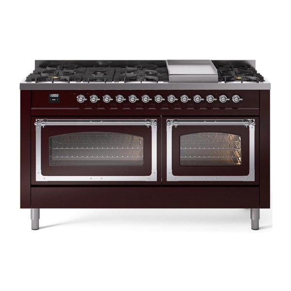 Ilve UN60FNMPBUCLP Ilve Un60Fnmpbuclp Nostalgie Ii Noblesse 60  Dual Fuel Range (9 Sealed Burners + Griddle, Liquid Propane, Triple Glass Door, Burgundy, Chrome) Online now