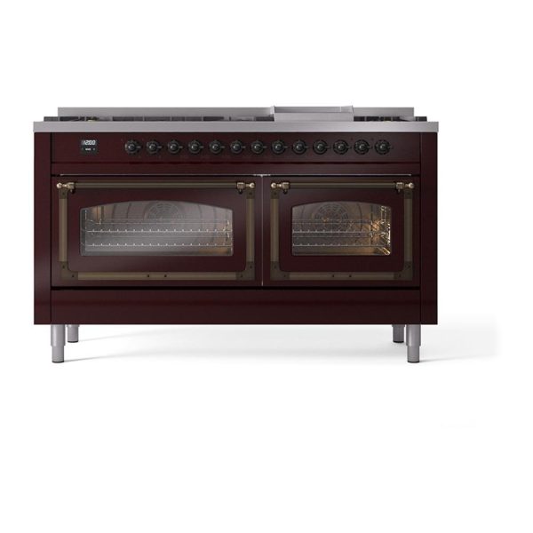 Ilve UN60FNMPBUBLP Ilve Un60Fnmpbublp Nostalgie Ii Noblesse 60  Dual Fuel Range (9 Sealed Burners + Griddle, Liquid Propane, Triple Glass Door, Burgundy, Burnished) For Sale