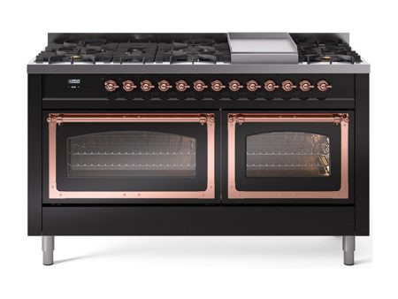 Ilve UN60FNMPBKPLP Ilve Un60Fnmpbkplp Nostalgie Ii Noblesse 60  Dual Fuel Range (9 Sealed Burners + Griddle, Liquid Propane, Triple Glass Door, Glossy Black, Copper) Discount