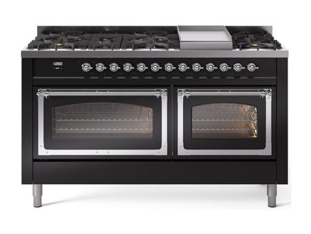 Ilve UN60FNMPBKCLP Ilve Un60Fnmpbkclp Nostalgie Ii Noblesse 60  Dual Fuel Range (9 Sealed Burners + Griddle, Liquid Propane, Triple Glass Door, Glossy Black, Chrome) Supply