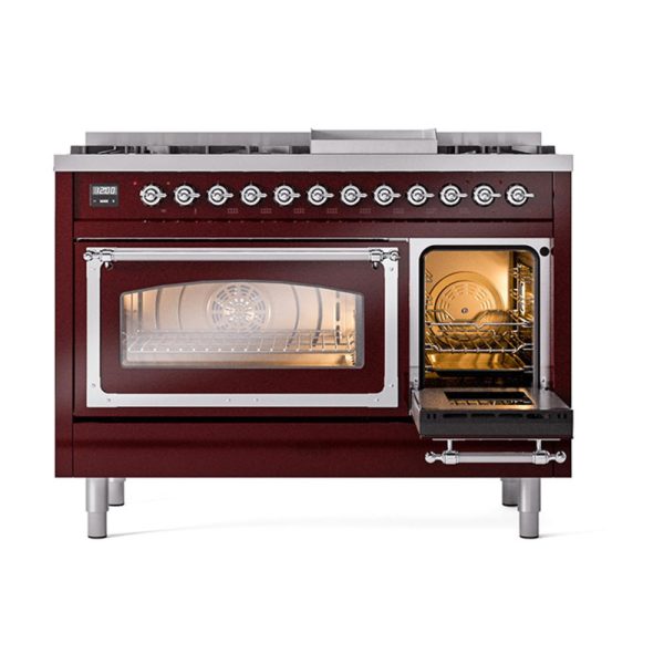 Ilve UN48FNMPBUCLP Ilve Un48Fnmpbuclp Nostalgie Ii Noblesse 48  Dual Fuel Range (8 Sealed Burners + Griddle, Liquid Propane, Triple Glass Door, Burgundy, Chrome) For Sale