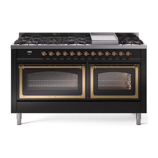 Ilve UN60FNMPBKGLP Ilve Un60Fnmpbkglp Nostalgie Ii Noblesse 60  Dual Fuel Range (9 Sealed Burners + Griddle, Liquid Propane, Triple Glass Door, Glossy Black, Brass) Fashion