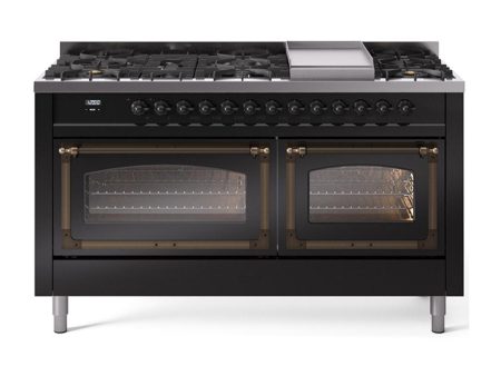 Ilve UN60FNMPBKBLP Ilve Un60Fnmpbkblp Nostalgie Ii Noblesse 60  Dual Fuel Range (9 Sealed Burners + Griddle, Liquid Propane, Triple Glass Door, Glossy Black, Burnished) Sale