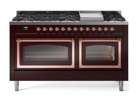 Ilve UN60FNMPBUPLP Ilve Un60Fnmpbuplp Nostalgie Ii Noblesse 60  Dual Fuel Range (9 Sealed Burners + Griddle, Liquid Propane, Triple Glass Door, Burgundy, Copper) Online Sale