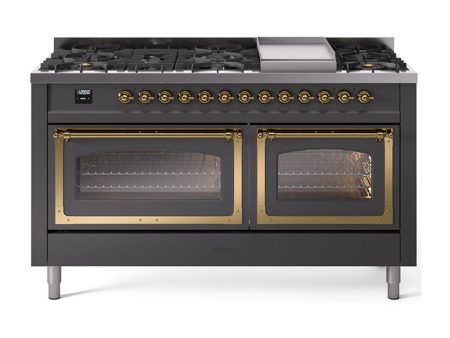 Ilve UN60FNMPMGG Ilve Un60Fnmpmgg Nostalgie Ii Noblesse 60  Dual Fuel Range (9 Sealed Burners + Griddle, Natural Gas, Triple Glass Door, Graphite Matte, Brass) Hot on Sale