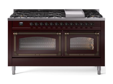 Ilve UN60FNMPBUB Ilve Un60Fnmpbub Nostalgie Ii Noblesse 60  Dual Fuel Range (9 Sealed Burners + Griddle, Natural Gas, Triple Glass Door, Burgundy, Burnished) For Cheap