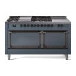 Ilve UN60FSQNMPBGB Ilve Un60Fsqnmpbgb Nostalgie Ii Noblesse 60  Dual Fuel Range (7 Sealed Burners + Griddle + French Top, Natural Gas, Solid Door, Blue Grey, Burnished) For Discount