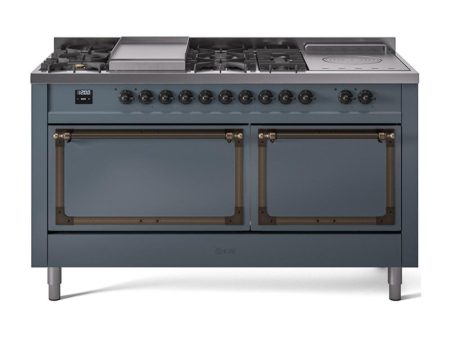 Ilve UN60FSQNMPBGB Ilve Un60Fsqnmpbgb Nostalgie Ii Noblesse 60  Dual Fuel Range (7 Sealed Burners + Griddle + French Top, Natural Gas, Solid Door, Blue Grey, Burnished) For Discount