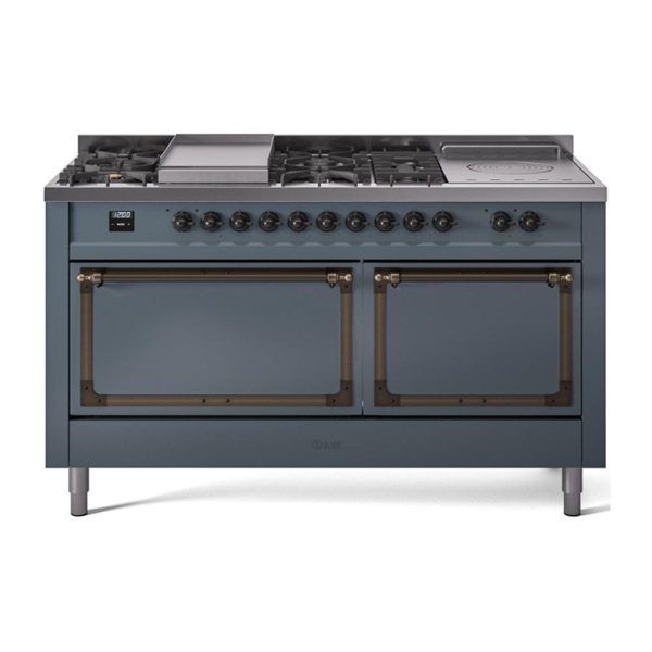 Ilve UN60FSQNMPBGB Ilve Un60Fsqnmpbgb Nostalgie Ii Noblesse 60  Dual Fuel Range (7 Sealed Burners + Griddle + French Top, Natural Gas, Solid Door, Blue Grey, Burnished) For Discount