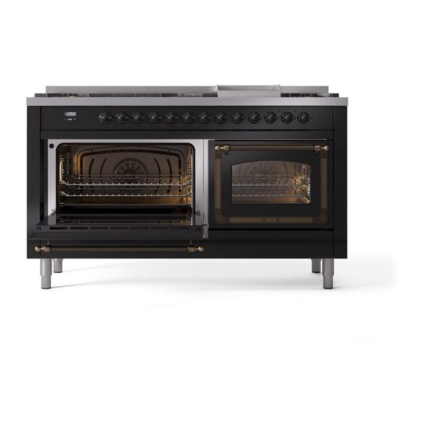 Ilve UN60FNMPBKB Ilve Un60Fnmpbkb Nostalgie Ii Noblesse 60  Dual Fuel Range (9 Sealed Burners + Griddle, Natural Gas, Triple Glass Door, Glossy Black, Burnished) Supply