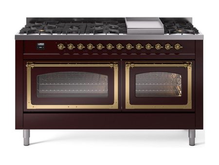 Ilve UN60FNMPBUG Ilve Un60Fnmpbug Nostalgie Ii Noblesse 60  Dual Fuel Range (9 Sealed Burners + Griddle, Natural Gas, Triple Glass Door, Burgundy, Brass) Fashion