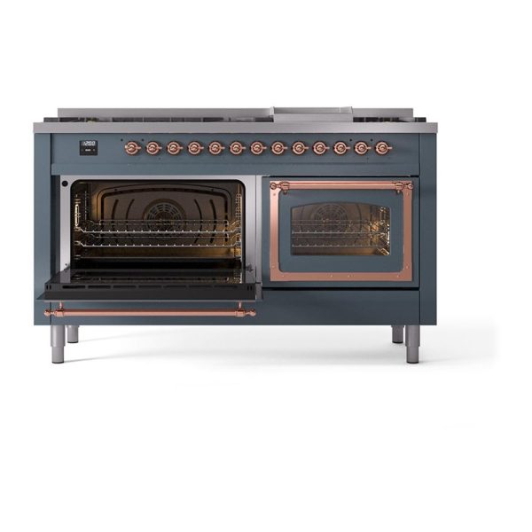 Ilve UN60FNMPBGPLP Ilve Un60Fnmpbgplp Nostalgie Ii Noblesse 60  Dual Fuel Range (9 Sealed Burners + Griddle, Liquid Propane, Triple Glass Door, Blue Grey, Copper) For Sale