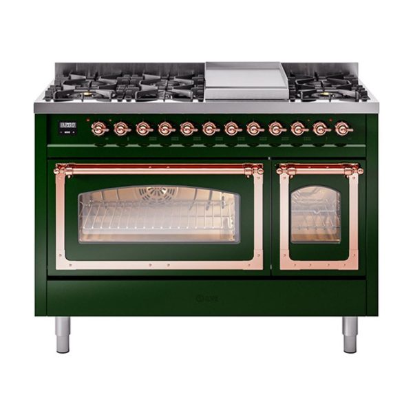 Ilve UN48FNMPEGPLP Ilve Un48Fnmpegplp Nostalgie Ii Noblesse 48  Dual Fuel Range (8 Sealed Burners + Griddle, Liquid Propane, Triple Glass Door, Emerald Green, Copper) Online now