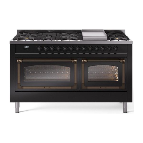 Ilve UN60FNMPBKB Ilve Un60Fnmpbkb Nostalgie Ii Noblesse 60  Dual Fuel Range (9 Sealed Burners + Griddle, Natural Gas, Triple Glass Door, Glossy Black, Burnished) Supply