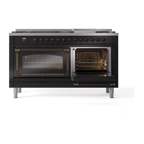 Ilve UN60FNMPBKB Ilve Un60Fnmpbkb Nostalgie Ii Noblesse 60  Dual Fuel Range (9 Sealed Burners + Griddle, Natural Gas, Triple Glass Door, Glossy Black, Burnished) Supply