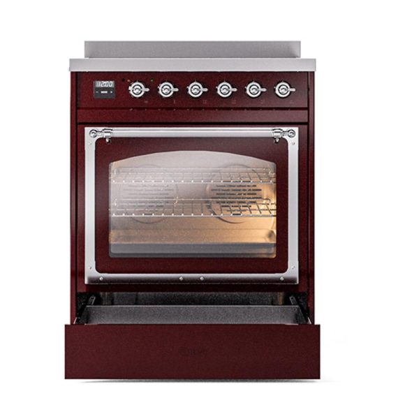 Ilve UNI304NMPBUC Ilve Uni304Nmpbuc Nostalgie Ii Noblesse 30  Induction Range (Triple Glass Door, Burgundy, Chrome) Sale