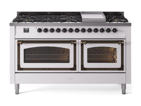 Ilve UN60FNMPWHBLP Ilve Un60Fnmpwhblp Nostalgie Ii Noblesse 60  Dual Fuel Range (9 Sealed Burners + Griddle, Liquid Propane, Triple Glass Door, White, Burnished) For Cheap