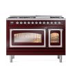 Ilve UN48FNMPBUCLP Ilve Un48Fnmpbuclp Nostalgie Ii Noblesse 48  Dual Fuel Range (8 Sealed Burners + Griddle, Liquid Propane, Triple Glass Door, Burgundy, Chrome) For Sale