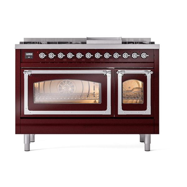 Ilve UN48FNMPBUCLP Ilve Un48Fnmpbuclp Nostalgie Ii Noblesse 48  Dual Fuel Range (8 Sealed Burners + Griddle, Liquid Propane, Triple Glass Door, Burgundy, Chrome) For Sale