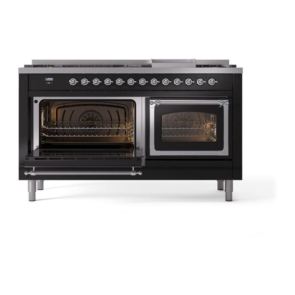 Ilve UN60FNMPBKCLP Ilve Un60Fnmpbkclp Nostalgie Ii Noblesse 60  Dual Fuel Range (9 Sealed Burners + Griddle, Liquid Propane, Triple Glass Door, Glossy Black, Chrome) Supply