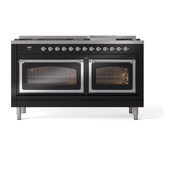 Ilve UN60FNMPBKCLP Ilve Un60Fnmpbkclp Nostalgie Ii Noblesse 60  Dual Fuel Range (9 Sealed Burners + Griddle, Liquid Propane, Triple Glass Door, Glossy Black, Chrome) Supply