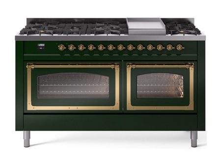 Ilve UN60FNMPEGGLP Ilve Un60Fnmpegglp Nostalgie Ii Noblesse 60  Dual Fuel Range (9 Sealed Burners + Griddle, Liquid Propane, Triple Glass Door, Emerald Green, Brass) Sale