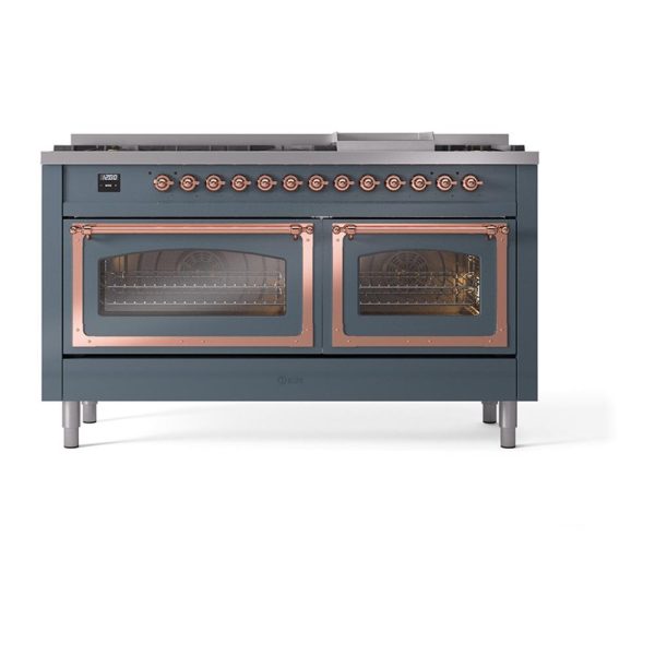 Ilve UN60FNMPBGPLP Ilve Un60Fnmpbgplp Nostalgie Ii Noblesse 60  Dual Fuel Range (9 Sealed Burners + Griddle, Liquid Propane, Triple Glass Door, Blue Grey, Copper) For Sale