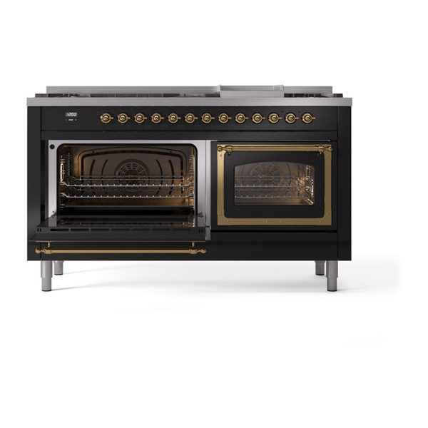 Ilve UN60FNMPBKG Ilve Un60Fnmpbkg Nostalgie Ii Noblesse 60  Dual Fuel Range (9 Sealed Burners + Griddle, Natural Gas, Triple Glass Door, Glossy Black, Brass) Fashion