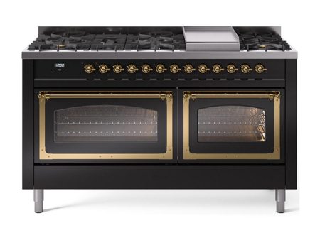 Ilve UN60FNMPBKG Ilve Un60Fnmpbkg Nostalgie Ii Noblesse 60  Dual Fuel Range (9 Sealed Burners + Griddle, Natural Gas, Triple Glass Door, Glossy Black, Brass) Fashion