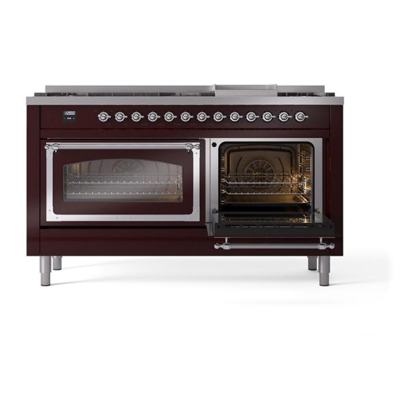 Ilve UN60FNMPBUCLP Ilve Un60Fnmpbuclp Nostalgie Ii Noblesse 60  Dual Fuel Range (9 Sealed Burners + Griddle, Liquid Propane, Triple Glass Door, Burgundy, Chrome) Online now