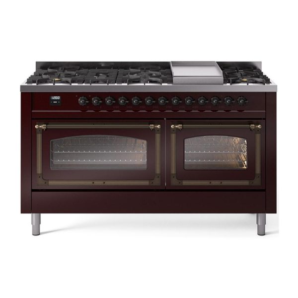 Ilve UN60FNMPBUBLP Ilve Un60Fnmpbublp Nostalgie Ii Noblesse 60  Dual Fuel Range (9 Sealed Burners + Griddle, Liquid Propane, Triple Glass Door, Burgundy, Burnished) For Sale