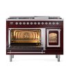 Ilve UN48FNMPBUCLP Ilve Un48Fnmpbuclp Nostalgie Ii Noblesse 48  Dual Fuel Range (8 Sealed Burners + Griddle, Liquid Propane, Triple Glass Door, Burgundy, Chrome) For Sale