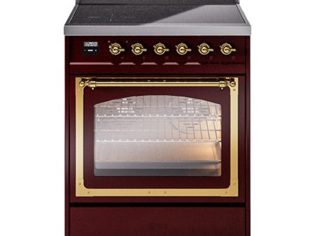 Ilve UNI304NMPBUG Ilve Uni304Nmpbug Nostalgie Ii Noblesse 30  Induction Range (Triple Glass Door, Burgundy, Brass) Online Sale