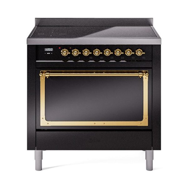 Ilve UNI366QNMPBKG Ilve Uni366Qnmpbkg Nostalgie Ii Noblesse 36  Induction Range (Solid Door, Glossy Black, Brass) Online Hot Sale