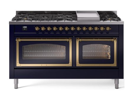 Ilve UN60FNMPMBGLP Ilve Un60Fnmpmbglp Nostalgie Ii Noblesse 60  Dual Fuel Range (9 Sealed Burners + Griddle, Liquid Propane, Triple Glass Door, Midnight Blue, Brass) For Cheap