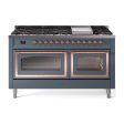 Ilve UN60FNMPBGPLP Ilve Un60Fnmpbgplp Nostalgie Ii Noblesse 60  Dual Fuel Range (9 Sealed Burners + Griddle, Liquid Propane, Triple Glass Door, Blue Grey, Copper) For Sale