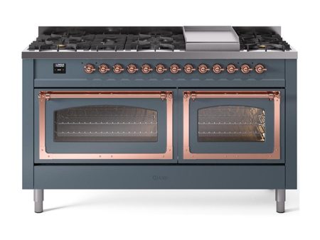 Ilve UN60FNMPBGPLP Ilve Un60Fnmpbgplp Nostalgie Ii Noblesse 60  Dual Fuel Range (9 Sealed Burners + Griddle, Liquid Propane, Triple Glass Door, Blue Grey, Copper) For Sale